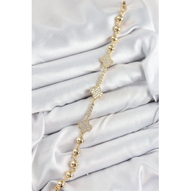 Pirinç Zirkon Taşlı Yonca Model Gold Renk Kadın Bileklik