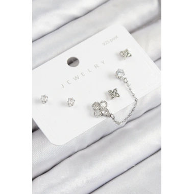 Pirinç Zirkon Taşlı Yonca Model Gümüş Renk 925 Ayar Gümüş Çivi Kadın Küpe Set