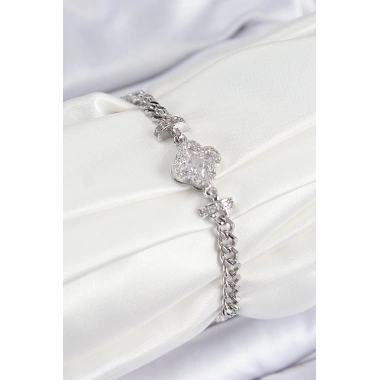 Pirinç Zirkon Taşlı Yonca Model Gümüş Renk Kadın Bileklik