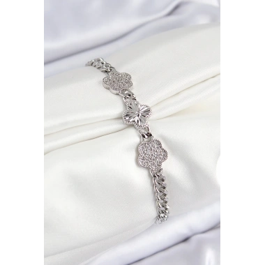 Pirinç Zirkon Taşlı Yonca Model Gümüş Renk Kadın Bileklik