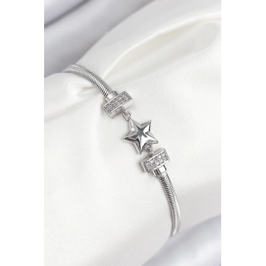 Pirinç Zirkon Taşlı Yonca Model Gümüş Renk Kadın Bileklik