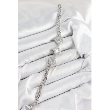 Pirinç Zirkon Taşlı Yonca Model Gümüş Renk Kadın Bileklik