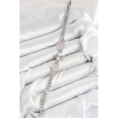 Pirinç Zirkon Taşlı Yonca Model Gümüş Renk Kadın Bileklik