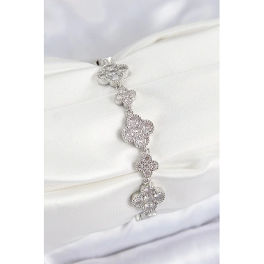 Pirinç Zirkon Taşlı Yonca Model Gümüş Renk VIP Seri Kadın Bileklik