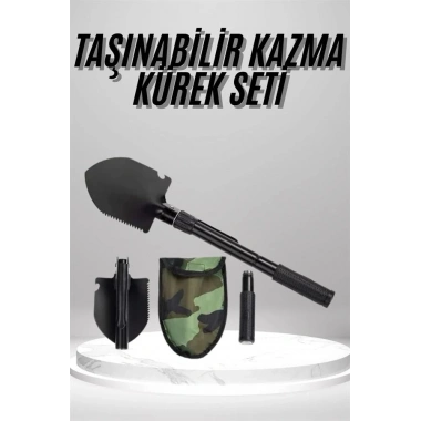 Pusulalı Katlanabilen Portatif Çantalı Mini Kazma Kürek Seti