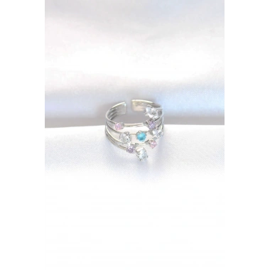 Renkli Zirkon Taşlı Silver Renk Ayarlanabilir Yüzük