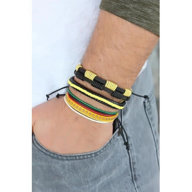 Sarı Renk Zımbalı Deri Erkek Bileklik Kombini