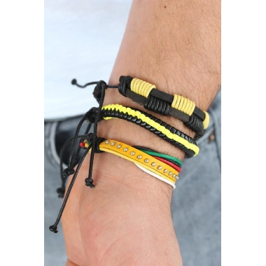 Sarı Renk Zımbalı Deri Erkek Bileklik Kombini