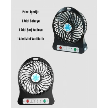 Şarjlı USB Fan – Masaüstü Mini Vantilatör, Taşınabilir, Işıklı, 3 Kademeli, Sessiz