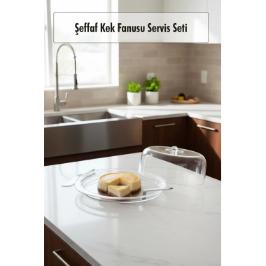 Şeffaf Akrilik Kek Fanusu ve Servis Seti – 33 x 39 x 14 cm (4 Parça)