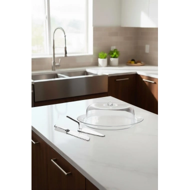 Şeffaf Akrilik Kek Fanusu ve Servis Seti – 33 x 39 x 14 cm (4 Parça)