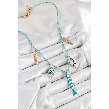 Seramik Motifli Balık Figürlü Model Mavi İp Kadın Kolye