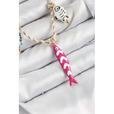 Seramik Motifli Pembe Balık Figürlü Model Krem İp Kadın Kolye