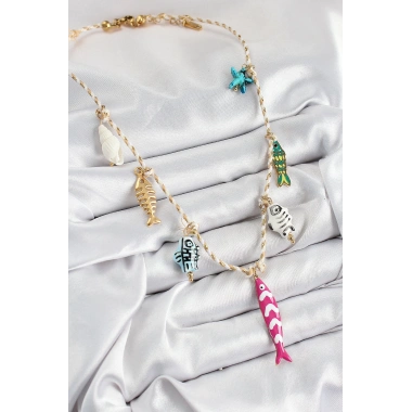 Seramik Motifli Pembe Balık Figürlü Model Krem İp Kadın Kolye