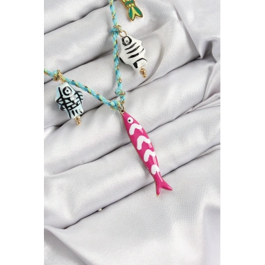 Seramik Motifli Pembe Balık Figürlü Model Mavi İp Kadın Kolye