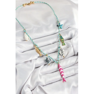 Seramik Motifli Pembe Balık Figürlü Model Mavi İp Kadın Kolye