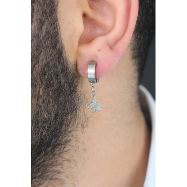 Silver Renk Kaplama Osmanlı Tuğra Figürlü Kıstırmalı Çelik Erkek Küpe