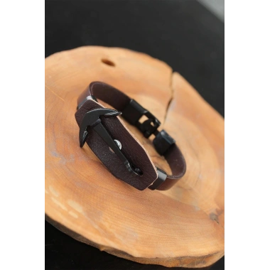Siyah Deniz Çapalı Çelik Aksesuarlı Kahverengi Deri Erkek Bileklik