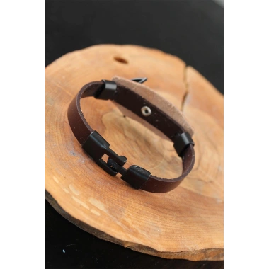 Siyah Deniz Çapalı Çelik Aksesuarlı Kahverengi Deri Erkek Bileklik