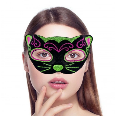 Siyah Kadife Kaplama Üzeri Pembe Yeşil Sim İşlemeli Kedi Maskesi 20x13 Cm