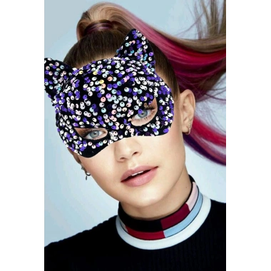 Siyah Kadife Kumaş Üzerine Mor Beyaz Payetli Pullu Parti Maskesi 16x14 Cm