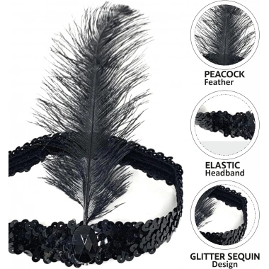 Siyah Renk Çarliston Başlık 90 Lı Yıllar 80 Li Yıllar Tüylü Saç Bandı