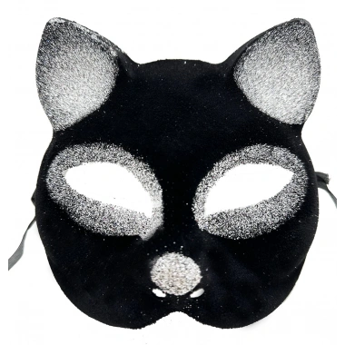 Siyah Renk Gümüş Simli Süet Kaplama Kedi Maskesi 18x14 Cm