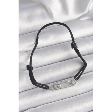 Siyah Renk İpli Asansör Zirkon Taşlı Gümüş Messika Model Kadın Bileklik