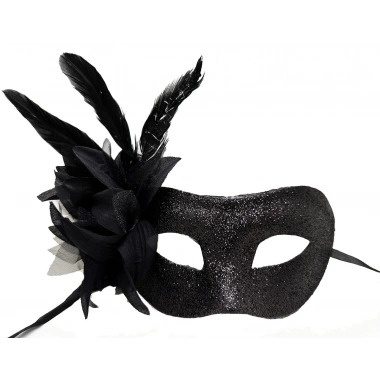 Siyah Renk Metalize Sim Görünümlü Parlak Tüylü Parti Maskesi 22x19 Cm