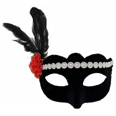 Siyah Renk Süet Kaplama Gümüş Dantelli Kırmızı Gül Tasarımlı Parti Maskesi 18x20 Cm