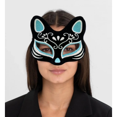 Siyah Renk Süet Kaplama Üzeri Gümüş Mavi Simli Kedi Maskesi 17x14 Cm