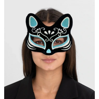Siyah Süet Gümüş Mavi Simli Kedi Maskesi