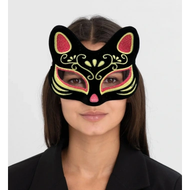 Siyah Süet Kırmızı Sarı Simli Kedi Maskesi