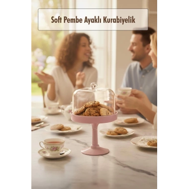 Soft Pembe Akrilik Ayaklı Kurabiyelik & Kapaklı Sunum Standı - 2 Parça