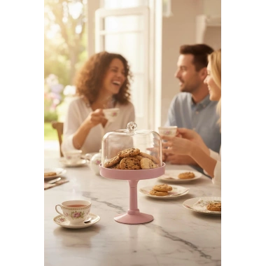 Soft Pembe Akrilik Ayaklı Kurabiyelik & Kapaklı Sunum Standı - 2 Parça