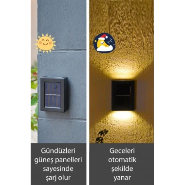 Solar Çift Taraflı Duvar Lambası Güneş Enerjili Aydınlatma Dekorasyon Aplik Işık 2 Li (5468)