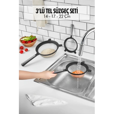 Tencereye Takılabilen 3lü Tel Süzgeç Seti (14cm-17cm-22cm)
