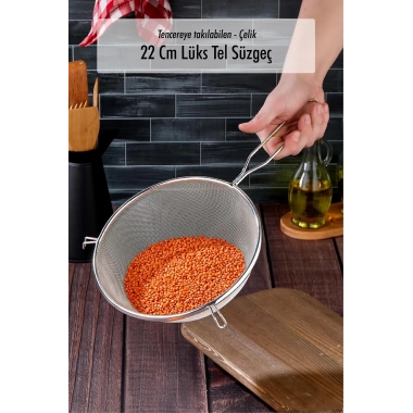 Tencereye Takılan 22 Cm Lüks Orta Boy Çelik Tel Süzgeç & Kevgir