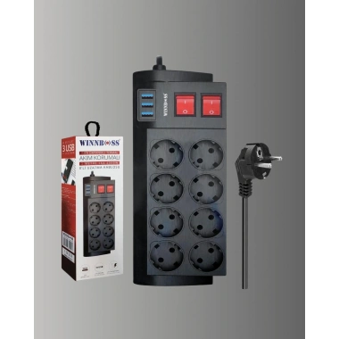 Termal Korumalı 8 Prizli 3 USB’li Uzatma Kablosu