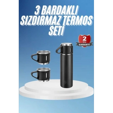 Termos Paslanmaz Çelik Termos Siyah Renk 3 Bardaklı Termos Seti