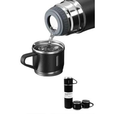 Termos Paslanmaz Çelik Termos Siyah Renk 3 Bardaklı Termos Seti