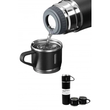 Termos Paslanmaz Çelik Termos Siyah Renk 3 Bardaklı Termos Seti
