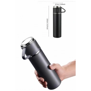 Termos Paslanmaz Çelik Termos Siyah Renk 3 Bardaklı Termos Seti