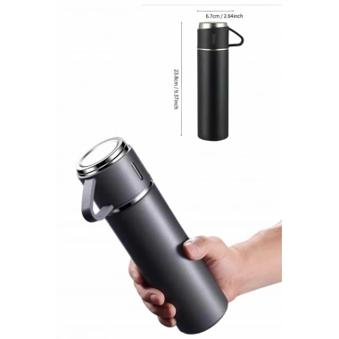 Termos Paslanmaz Çelik Termos Siyah Renk 3 Bardaklı Termos Seti