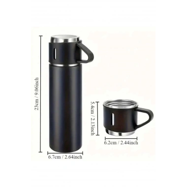 Termos Seti 3lü Bardak Seti Isı Dayanıklı Siyah Paslanmaz Çelik Vakumlu