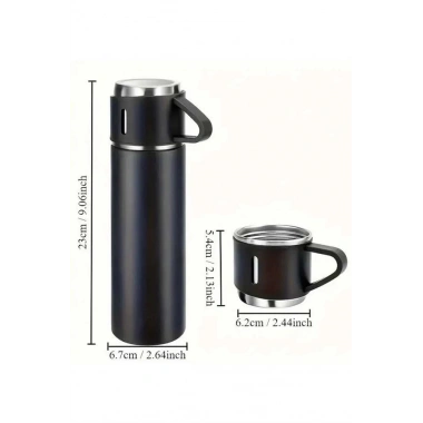 Termos Seti 3lü Bardak Seti Isı Dayanıklı Siyah Paslanmaz Çelik Vakumlu