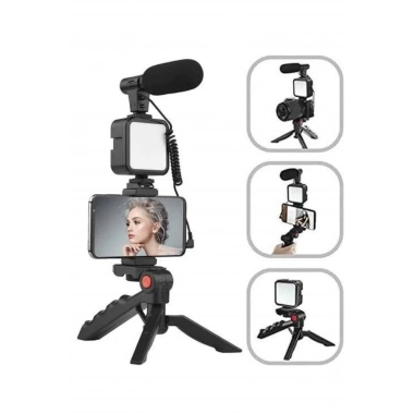 Tripod Telefon Tutucu Kumandalı Mikrofon Led Işık Vlog Video Kayıt
