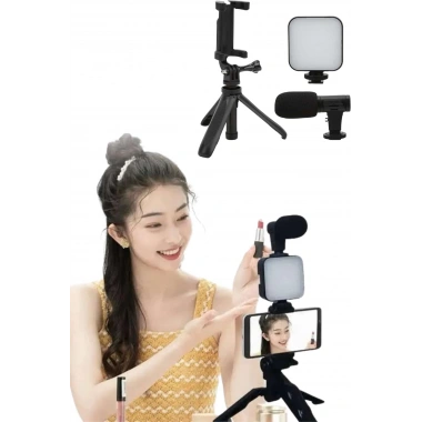 Tripod Telefon Tutucu Kumandalı Mikrofon Led Işık Vlog Video Kayıt