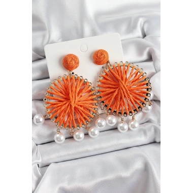 Turuncu Hasır Örgü Sarmal Model Sallantılı İnci Detaylı Gold Renk Kadın Küpe