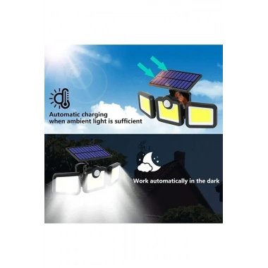 Üçlü Solar Led Projektör – Beyaz Işık – Sensörlü Dış Mekân Aydınlatma (5468)